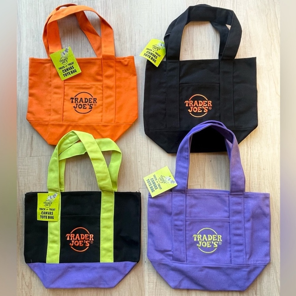 Trader Joe's Canvas Tote Bag Set - Black, Orange, Purple, Green